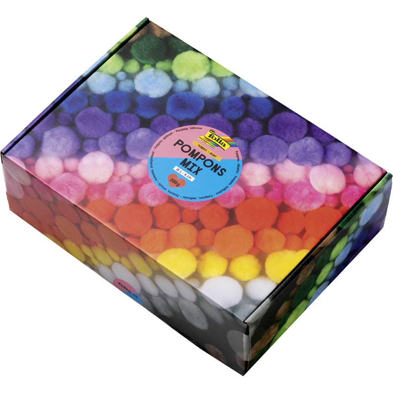 Eine Schachtel mit bunten Pompons, beschriftet mit 'Creativ Pompons Mix', die eine Vielzahl lebhafter Farben in einem Verlaufsmuster angeordnet zeigt.