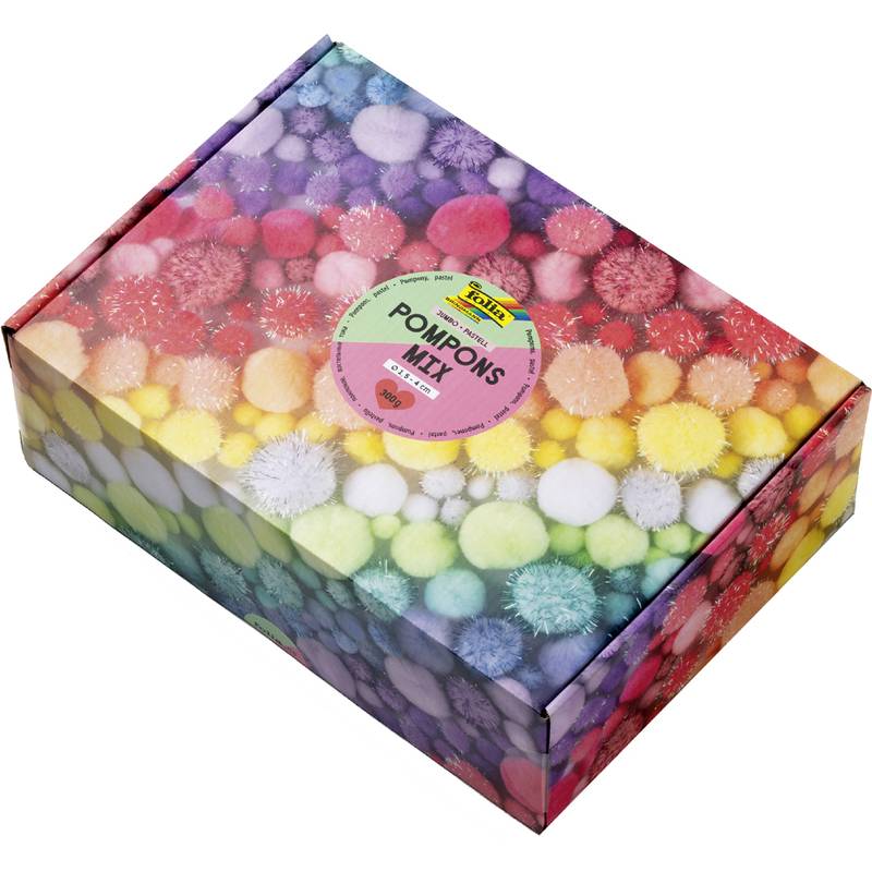 Bunte Schachtel mit der Aufschrift 'Pompons Mix' zeigt auf der Verpackung eine Auswahl von mehrfarbigen Pompons in verschiedenen Texturen und Größen.