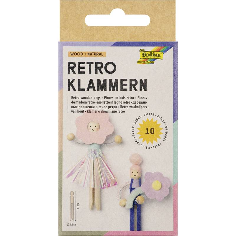 Paket 'Retro Klammern' mit Holzklammern in verspielten Designs, darunter eine rosa Wolke und florale Charaktere, zum Basteln.