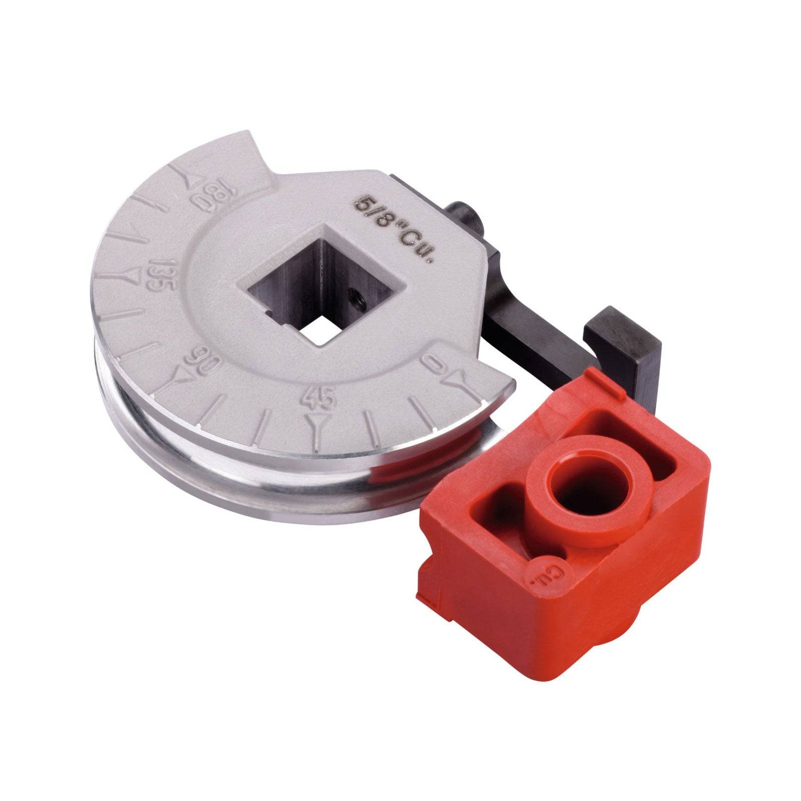 Eine Metallrohrbiegeform, die mit '5/8 Cu' markiert ist, mit einem roten Plastikmaßstab hilft bei der Ausrichtung und Messung für präzise Biegungen.