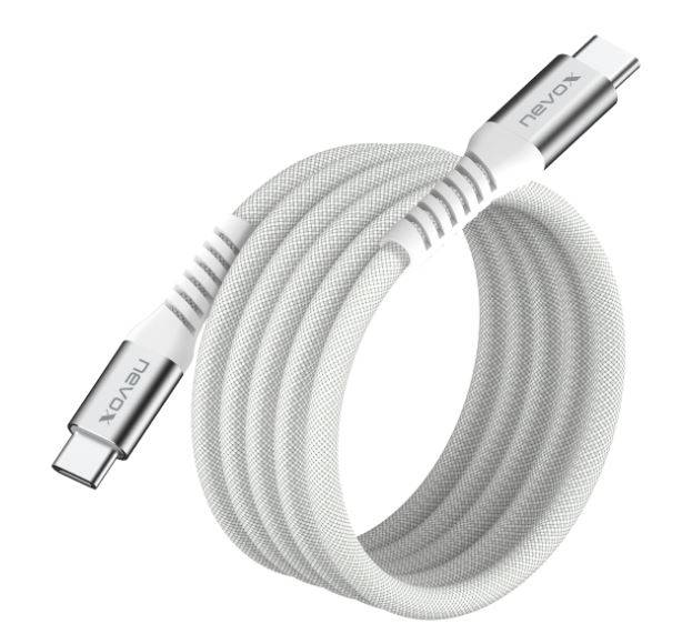 Nevox USB C zu USB C 2.0 Kabel 48V/5A (240W) Emark IC magn. aufrollbar-weiss 1m