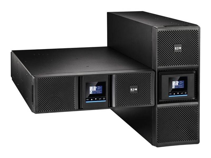 Drei schwarze Eaton-Unterbrechungsfreie Stromversorgungsgeräte mit digitalen Displays, in einer Anordnung gestapelt, die ihr Design und ihre Schnittstellen präsentiert.
