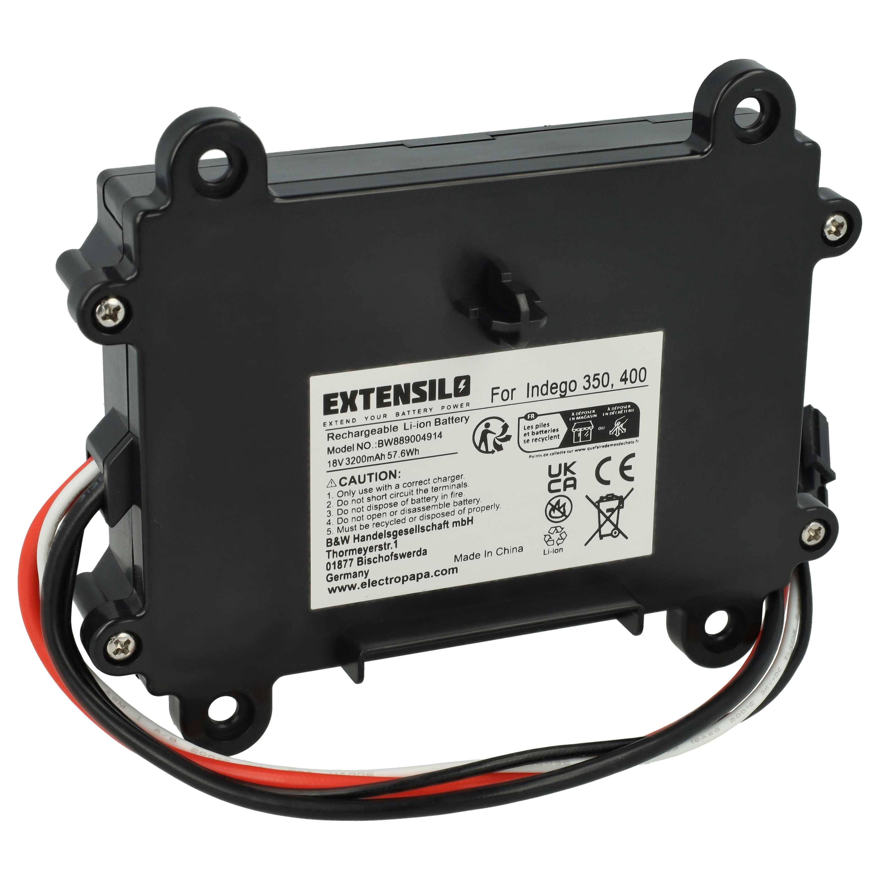 Ein schwarzes Batteriepaket mit weißem Etikett für „Indego 350, 400