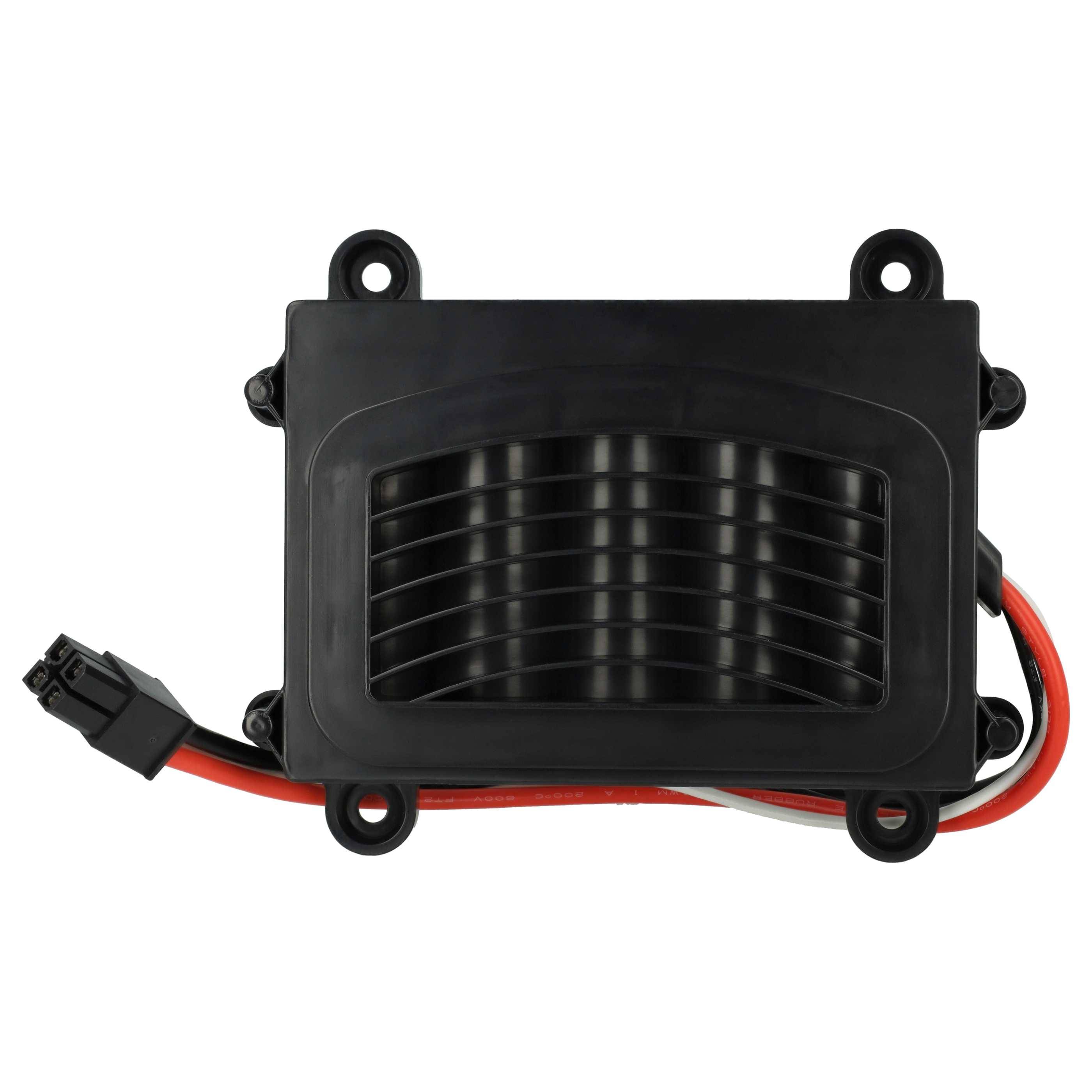 Eine schwarze elektronische Komponente mit Belüftungsdetails und angebrachten roten und schwarzen Drähten, möglicherweise ein Stromwandler oder Regler.