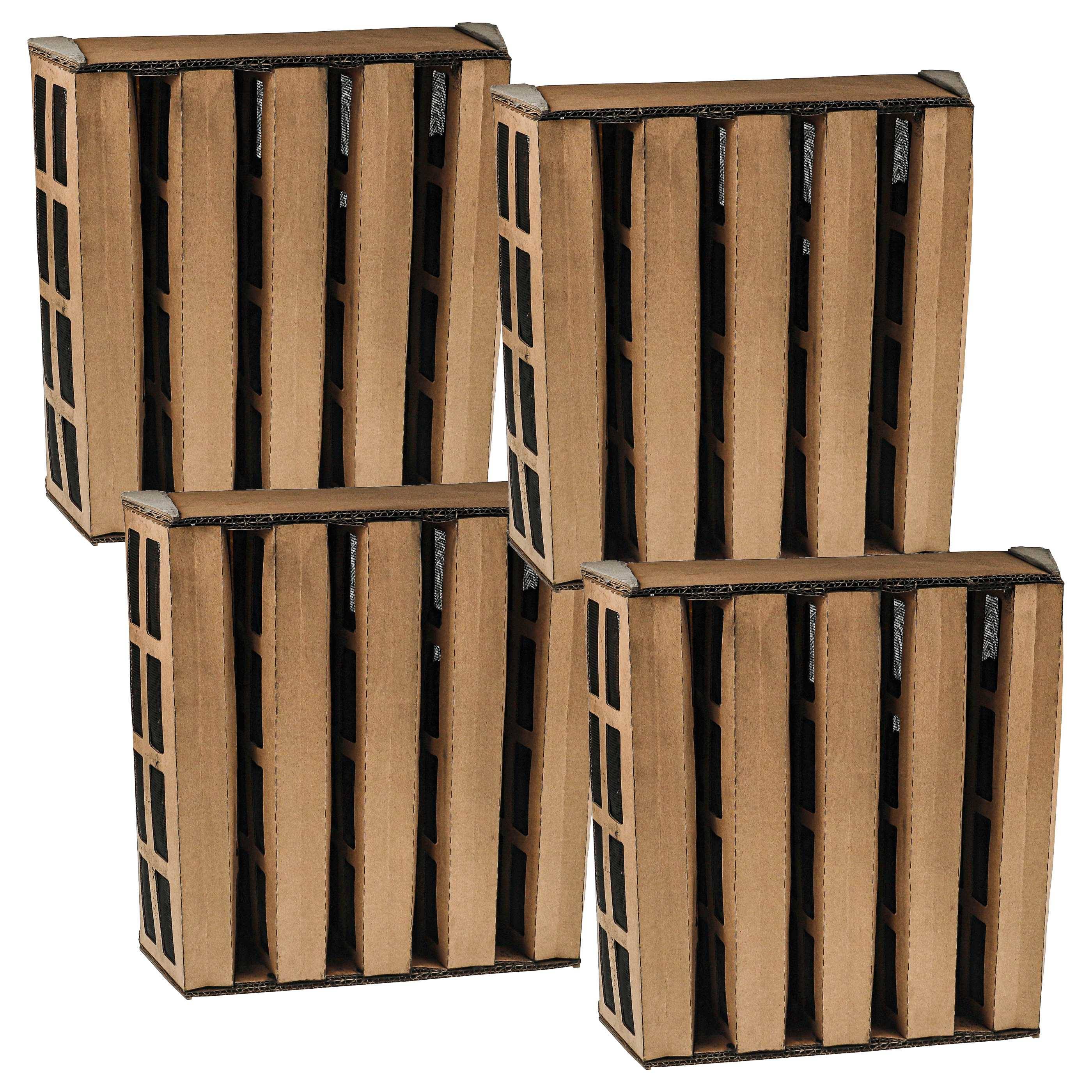 Vier braune, rechteckige Filterbeutel mit schwarzem Netzgewebe, die für die Luftfiltration in Klimaanlagen ausgelegt sind, sind in zwei Reihen gestapelt.