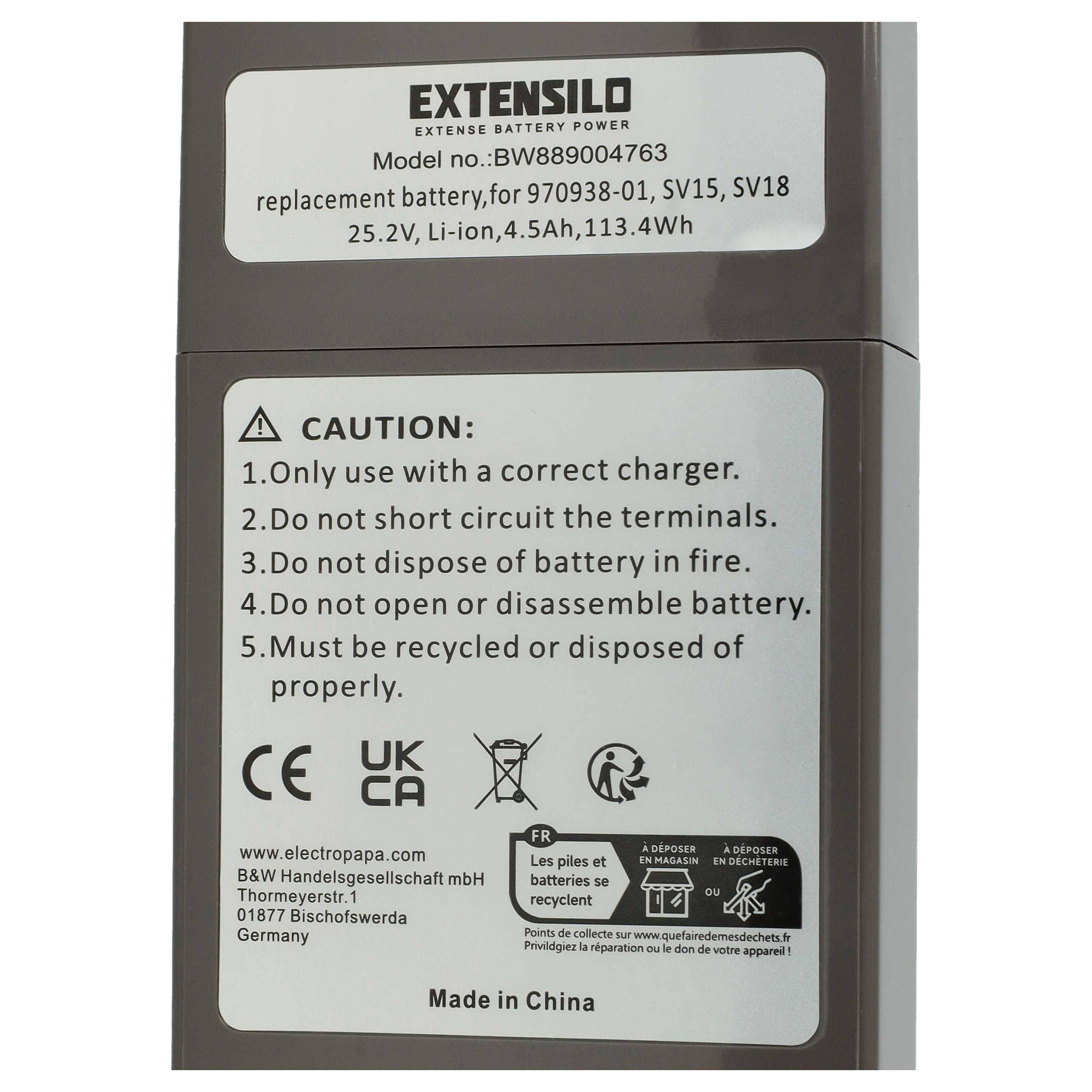 EXTENSILO Akku Ersatz für Dyson SV15, SV18, 970425-01, 970938-01 für Staubsauger Anthrazit-Grau (4500 mAh, 25,2 V, Li-Ion)