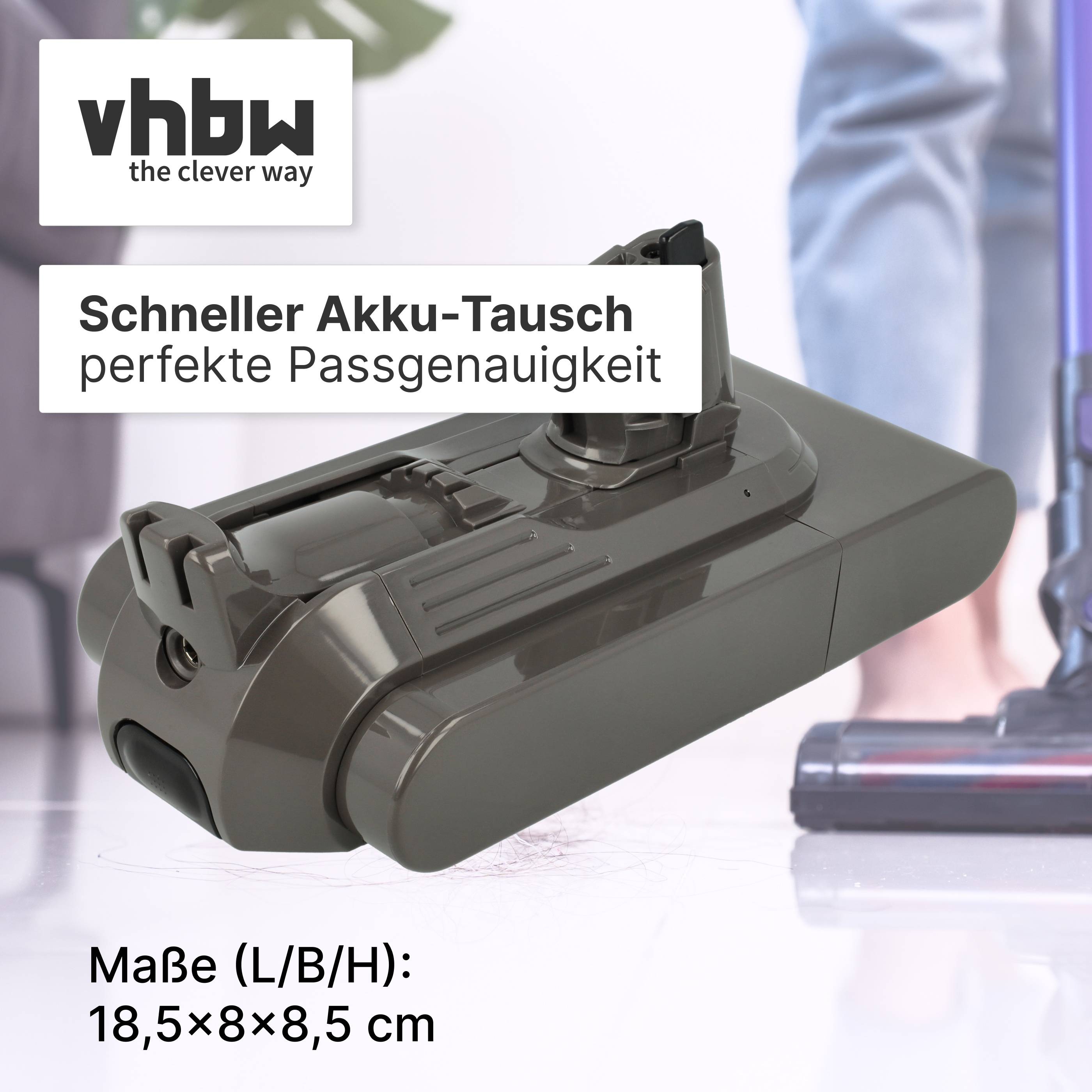vhbw Batterie-Set mit Aufschrift „Schneller Akku-Tausch, perfekte Passgenauigkeit" und Abmessungen 18,5×8×8,5 cm
