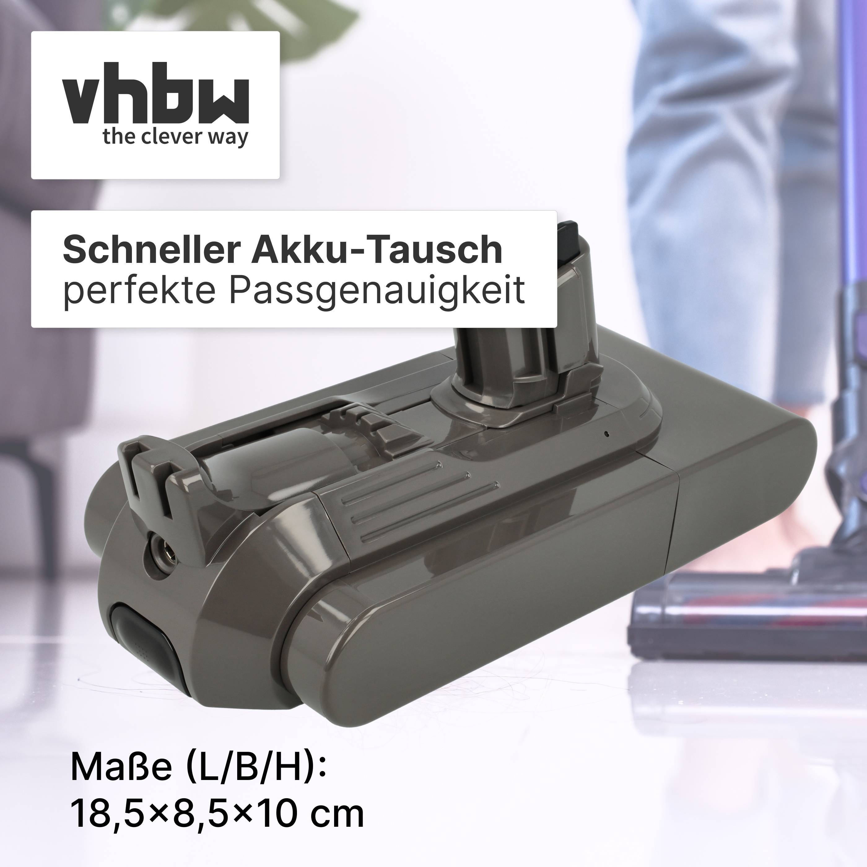 vhbw Produktbild zeigt ein Ersatz-Vakuumakku-Pack mit Text „Schneller Akku-Tausch, perfekte Passgenauigkeit" und Abmessungen 18,5 x 8,5 x 10 cm.