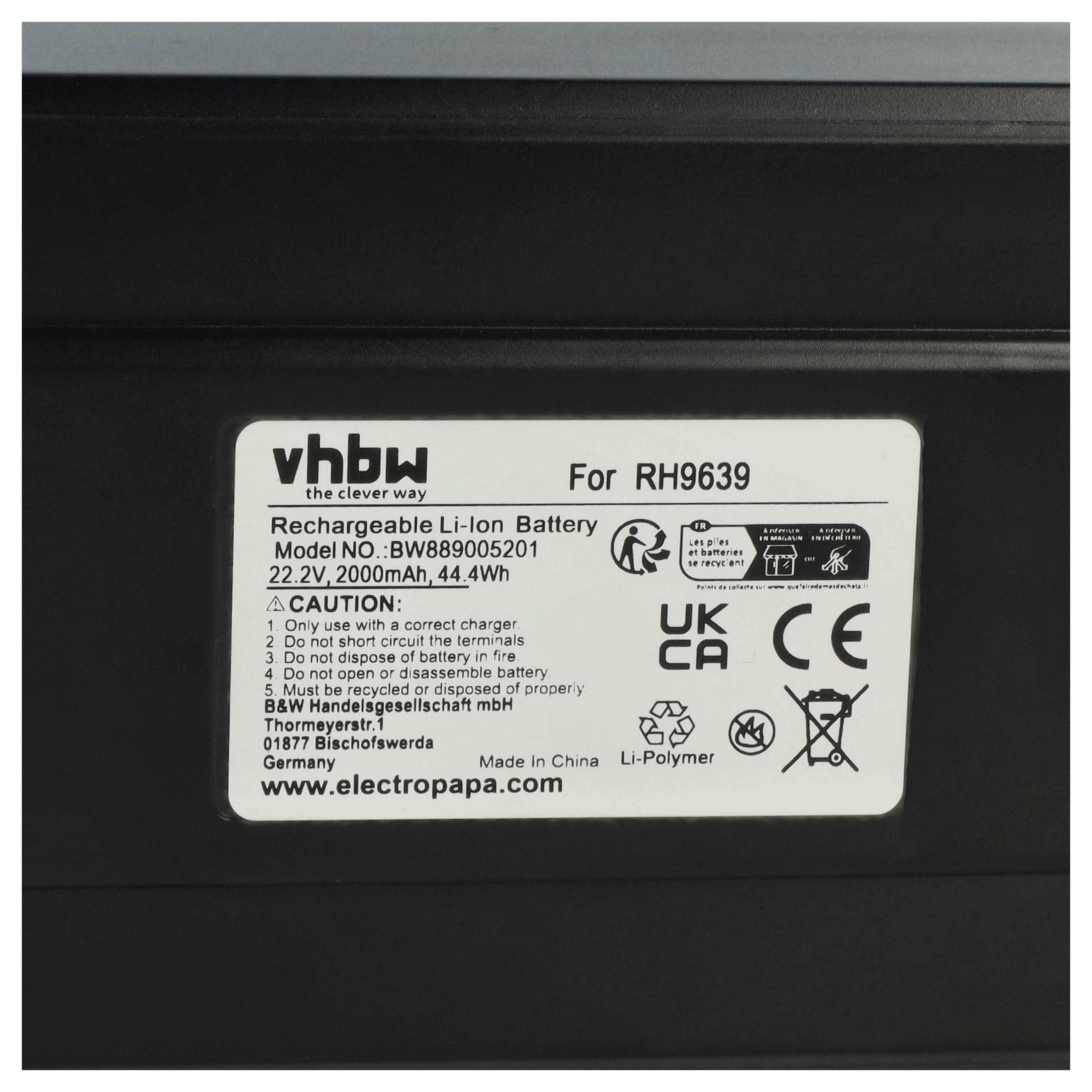 vhbw Wiederaufladbar Li-Ionen-Akku, Modellnummer: BWB89005201, 22,2V, 2000mAh, 44,4Wh, WARNUNG: Nur mit dem angegebenen Ladegerät verwenden, Deutschland.
