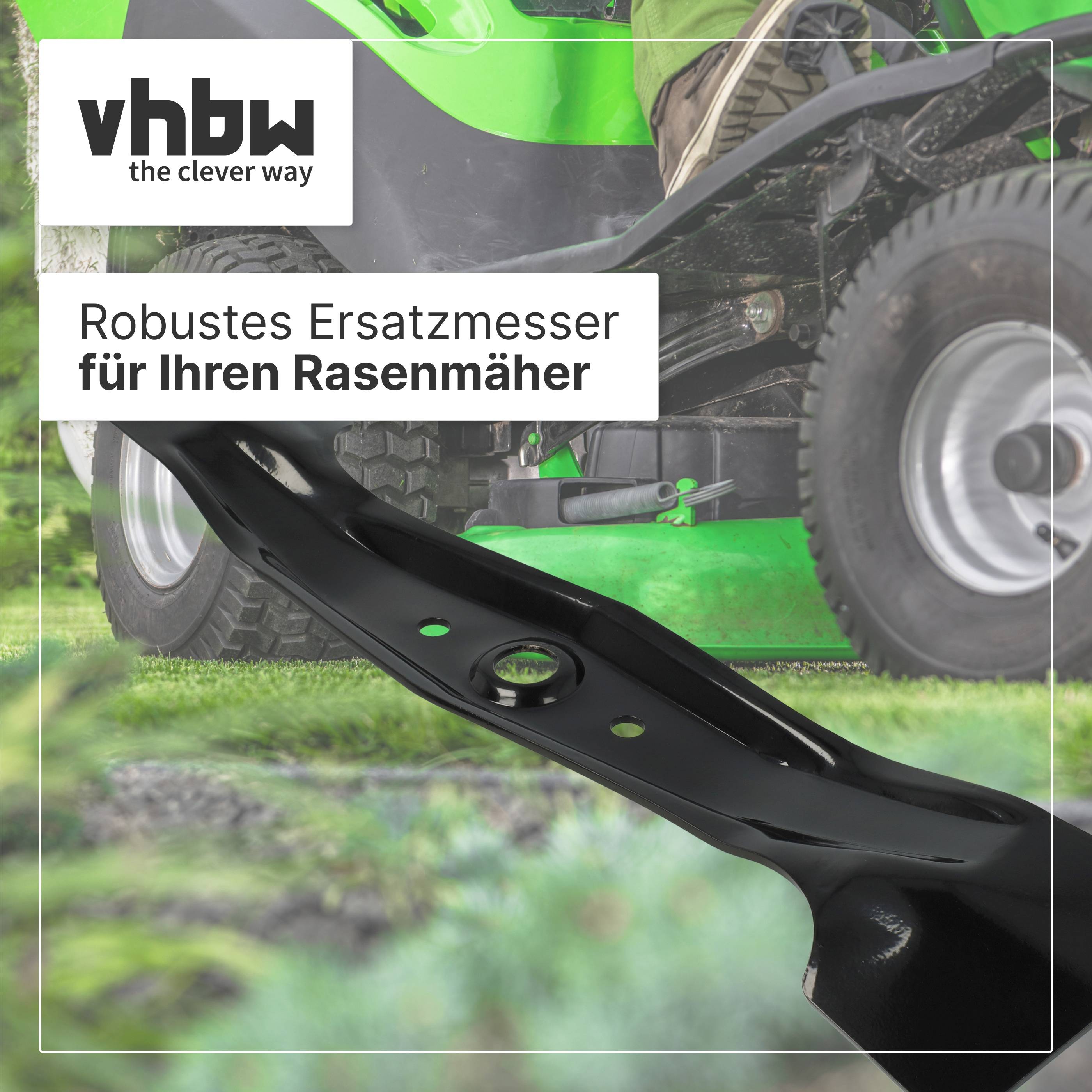 VHBW Rasenmähermesser als Ersatz vor einem Rasenmäher abgebildet, mit deutschem Text „Robustes Ersatzmesser für Ihren Rasenmäher