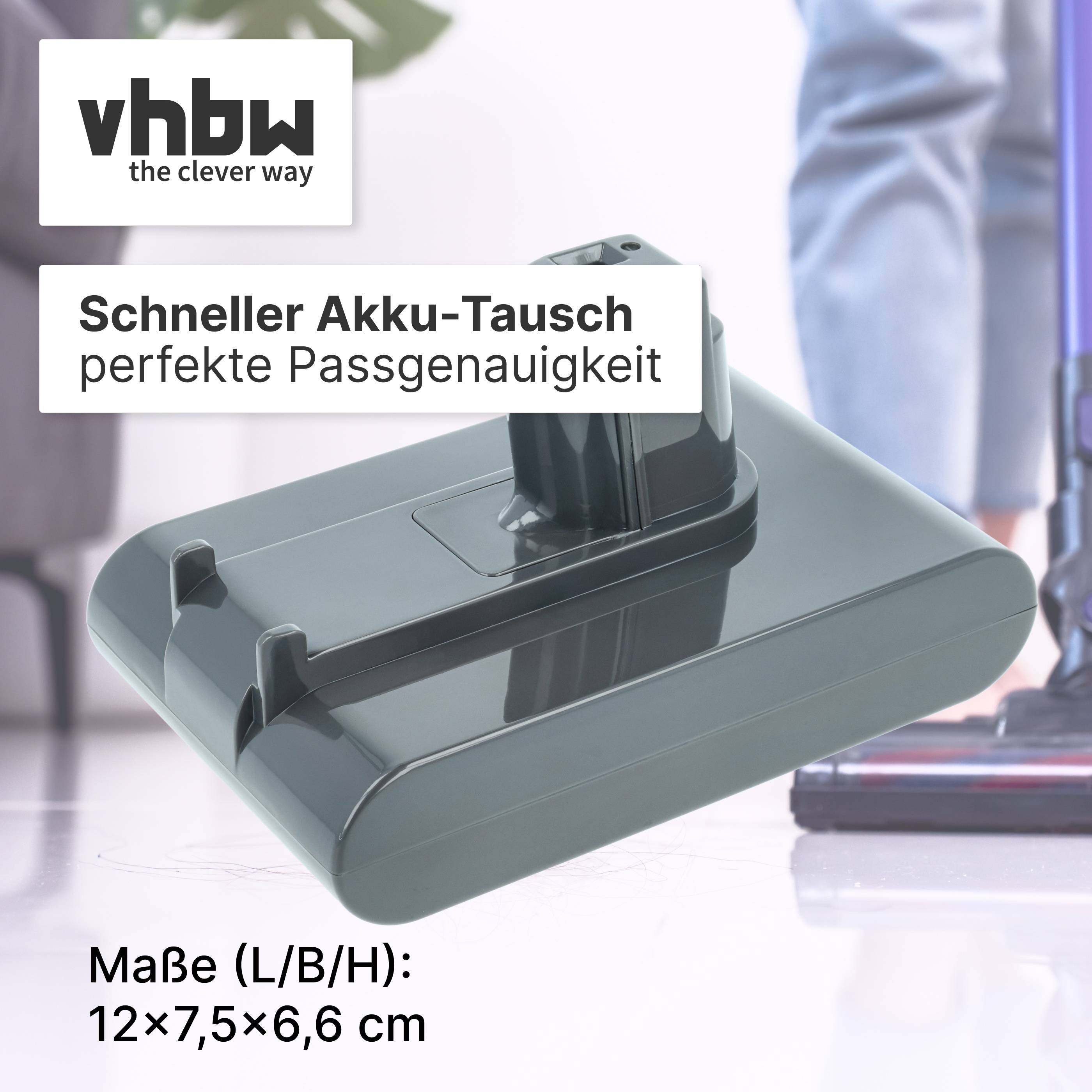 vhbw Akku-Pack mit Text „Schneller Akku-Tausch, perfekte Passgenauigkeit" und Abmessungen 12 x 7,5 x 6,6 cm.