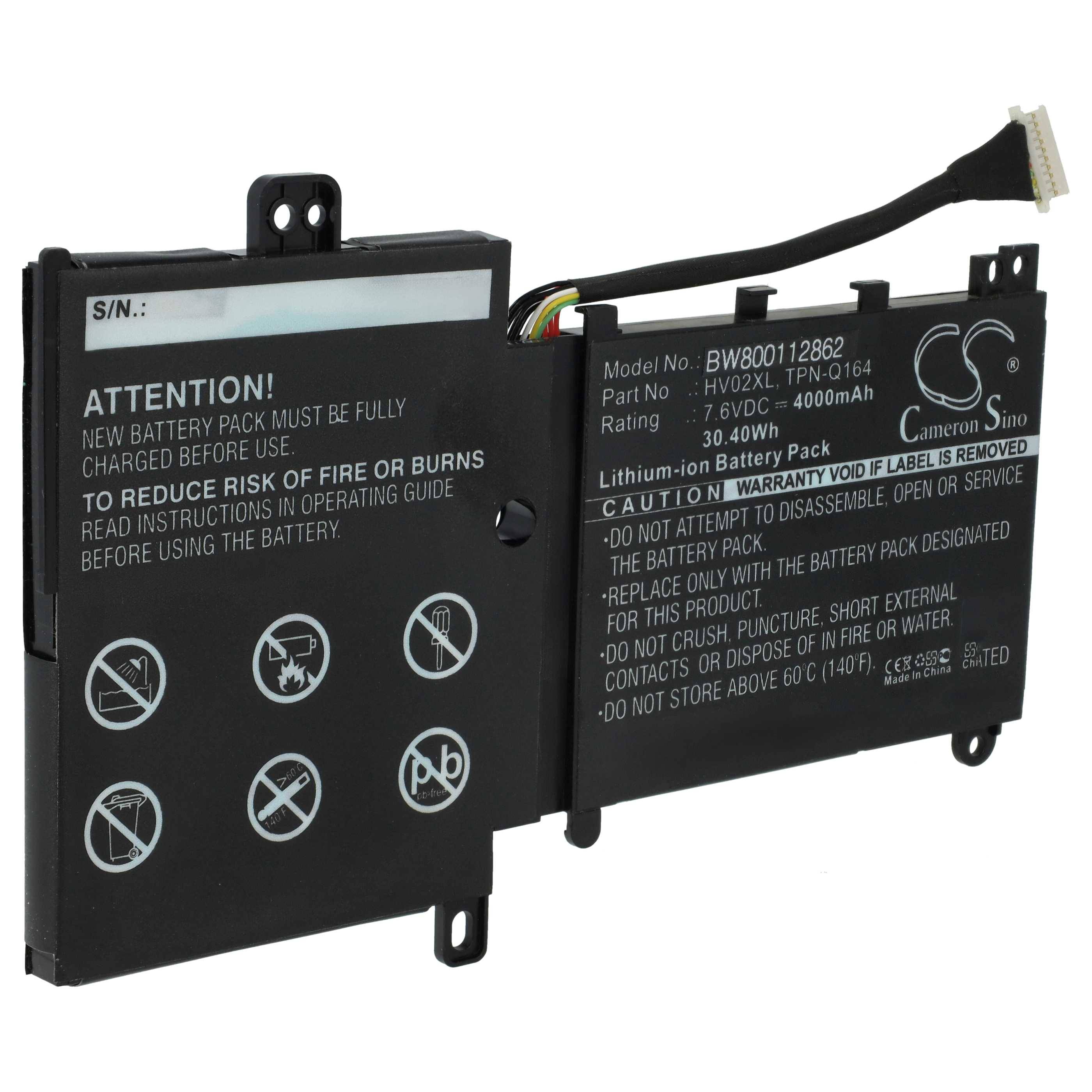 Lithium-Ionen-Akku-Pack, 7,6V, 4000mAh mit Warnaufklebern und Gebrauchsanweisungen. Modell: HW02XL. Schwarze rechteckige Form.