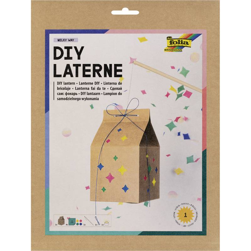 Das Bild zeigt ein DIY-Laternen-Set mit dem Titel 'DIY Laterne', das ein dekoratives Papierlaternen-Bild und mehrsprachige Anleitungstexte zum Basteln enthält.