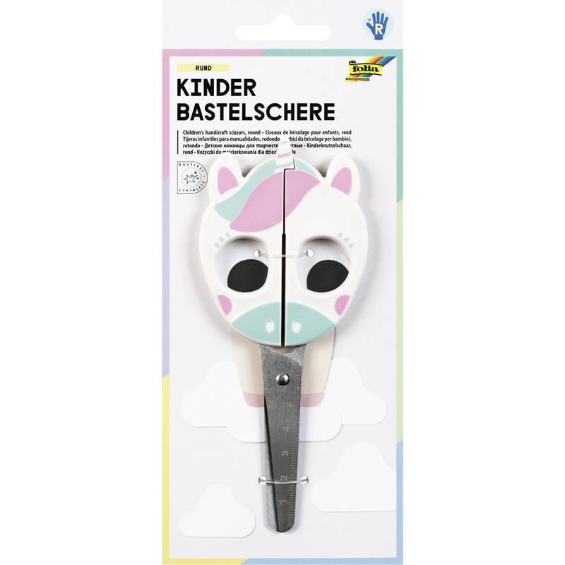 Einhorn-Kinderschere zum Basteln mit farbenfrohem Griff in einer Verpackung mit der Aufschrift 'Kinder Bastelschere'.