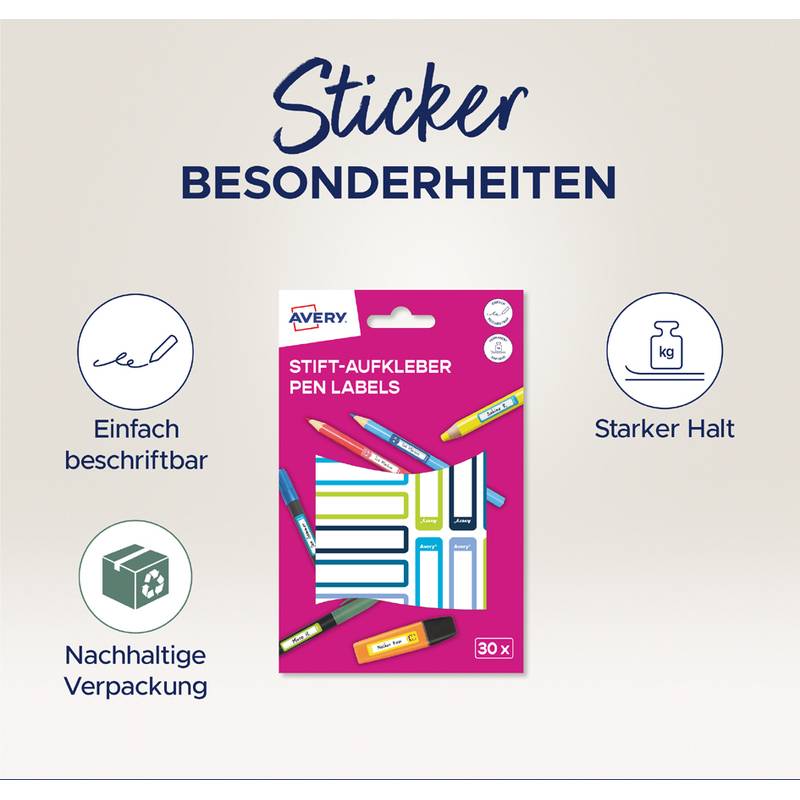 Ein Paket mit der Aufschrift 'Stift-Aufkleber Pen Labels' zeigt farbenfrohe Stiftetiketten. Zu den Merkmalen gehören einfaches Beschriften, starker Klebstoff und nachhaltige Verpackung.