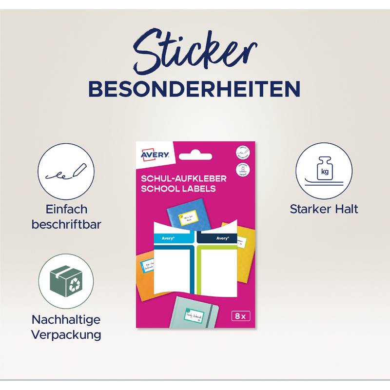 Das Grafik 'Sticker Besonderheiten' zeigt die Verpackung von Avery Schuletiketten in der Mitte, mit Symbolen, die Folgendes anzeigen: einfaches Anbringen, starker Halt und nachhaltige Verpackung.