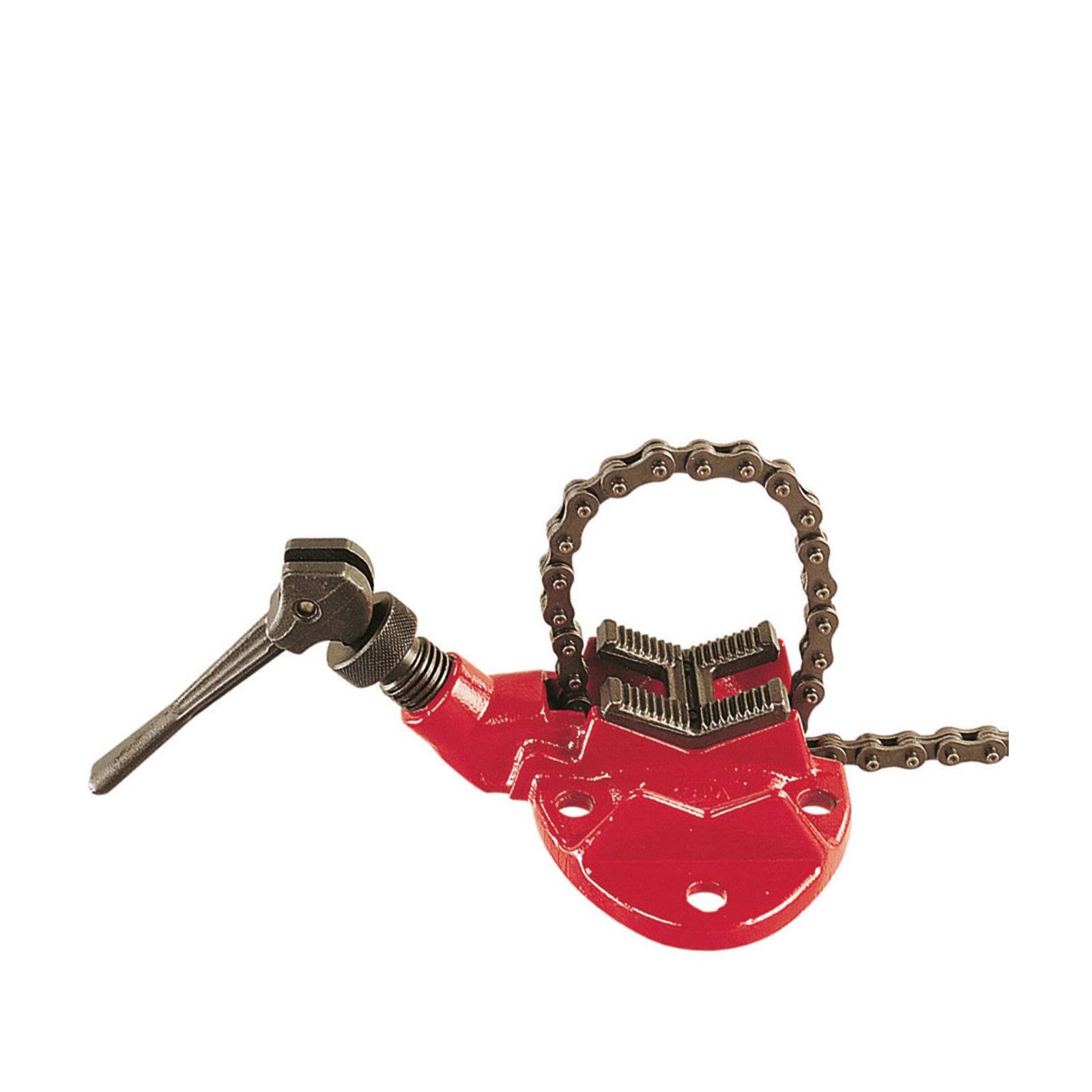 Ein roter Ketten-Rohrzange mit drehbarem Griff, der zum Greifen und Drehen von Rohren bei Installationsarbeiten verwendet wird.