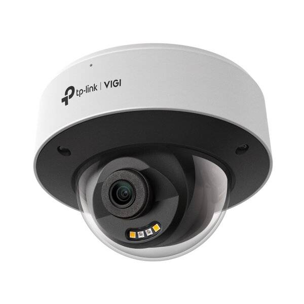TP-Link VIGI Kuppel-Sicherheitskamera mit sichtbarem Objektiv und Infrarot-LEDs auf weißem Hintergrund.