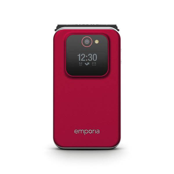 Rotes Emporia Klapphandy geschlossen dargestellt, mit äußerem Display, das 12:30, Kamera- und Nachrichtensymbole anzeigt.
