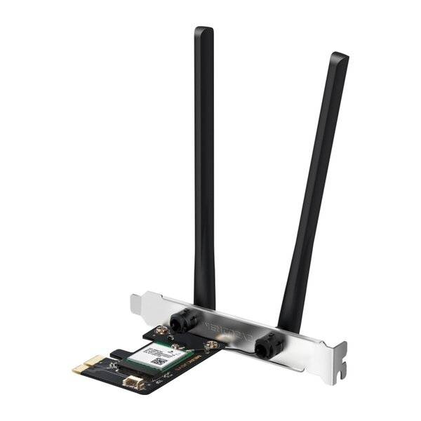 Wireless-Wi-Fi-Adapterkarte mit zwei schwarzen Antennen auf einer Metallhalterung und einer sichtbaren kleinen Platine.