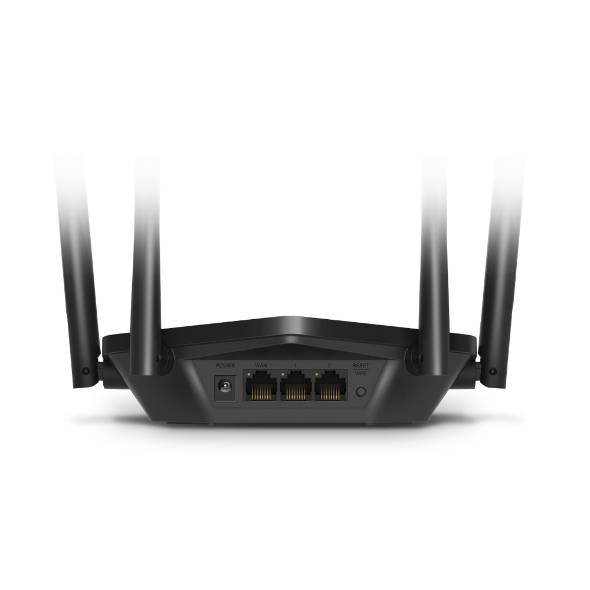 Rückansicht eines schwarzen WLAN-Routers mit vier Antennen, vier Ethernet-Anschlüssen und Ein-/Zurücksetztasten.