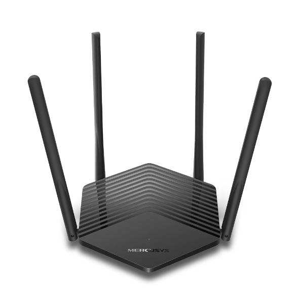 Schwarzer Mercusys Wi-Fi-Router mit vier Antennen auf weißem Hintergrund.