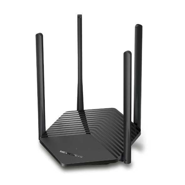 Schwarzer Mercusys Wi-Fi-Router mit vier hohen Antennen auf weißem Hintergrund.