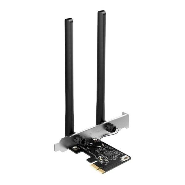 PCIe-WLAN-Adapterkarte mit zwei hohen schwarzen Antennen auf einer silbernen Halterung.