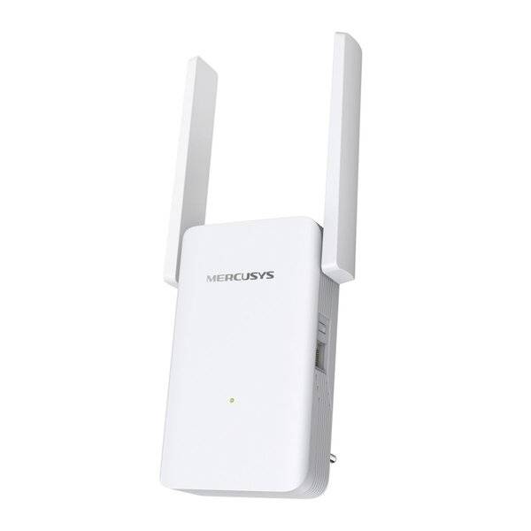 Weißer Mercusys Wi-Fi-Repeater mit zwei aufrechten Antennen auf weißem Hintergrund.