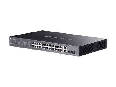 Netzwerkswitch mit mehreren Ethernet-Anschlüssen, entwickelt zum Verbinden von Geräten innerhalb eines lokalen Netzwerks. Schwarzes, rechteckiges Design.