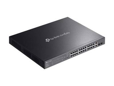 Ein schwarzer TP-Link Omada Netzwerk-Switch mit mehreren Ethernet-Ports auf der Vorderseite, entwickelt für Unternehmensnetzwerkkonnektivität.
