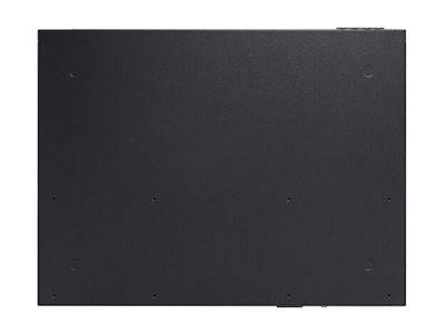 Ein schwarzes rechteckiges Objekt mit kleinen Einbuchtungen an den Ecken, möglicherweise die Unterseite oder Rückseite eines elektronischen Geräts.