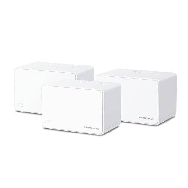 Drei weiße MERCUSYS-Mesh-WLAN-Router auf weißem Hintergrund, dargestellt als Produktreihe.