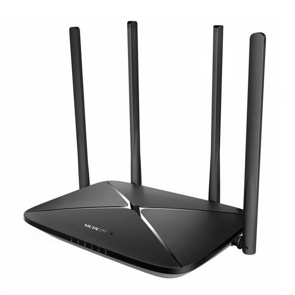 Schwarzer Mercusys Wi-Fi-Router mit vier aufrecht stehenden Antennen auf weißem Hintergrund.
