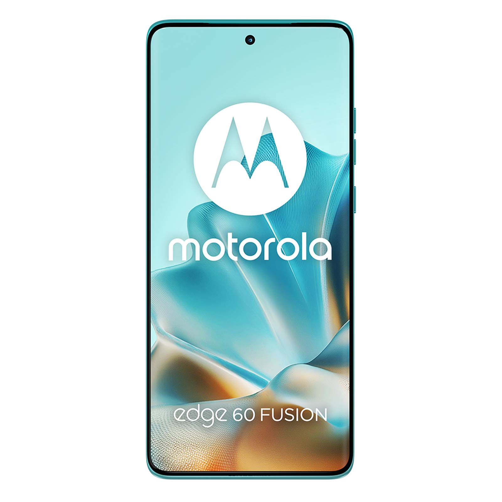 Motorola Edge 60 Fusion Smartphone von vorne mit türkisfarbenem abstraktem Hintergrundbild und zentrierter Lochkamera.