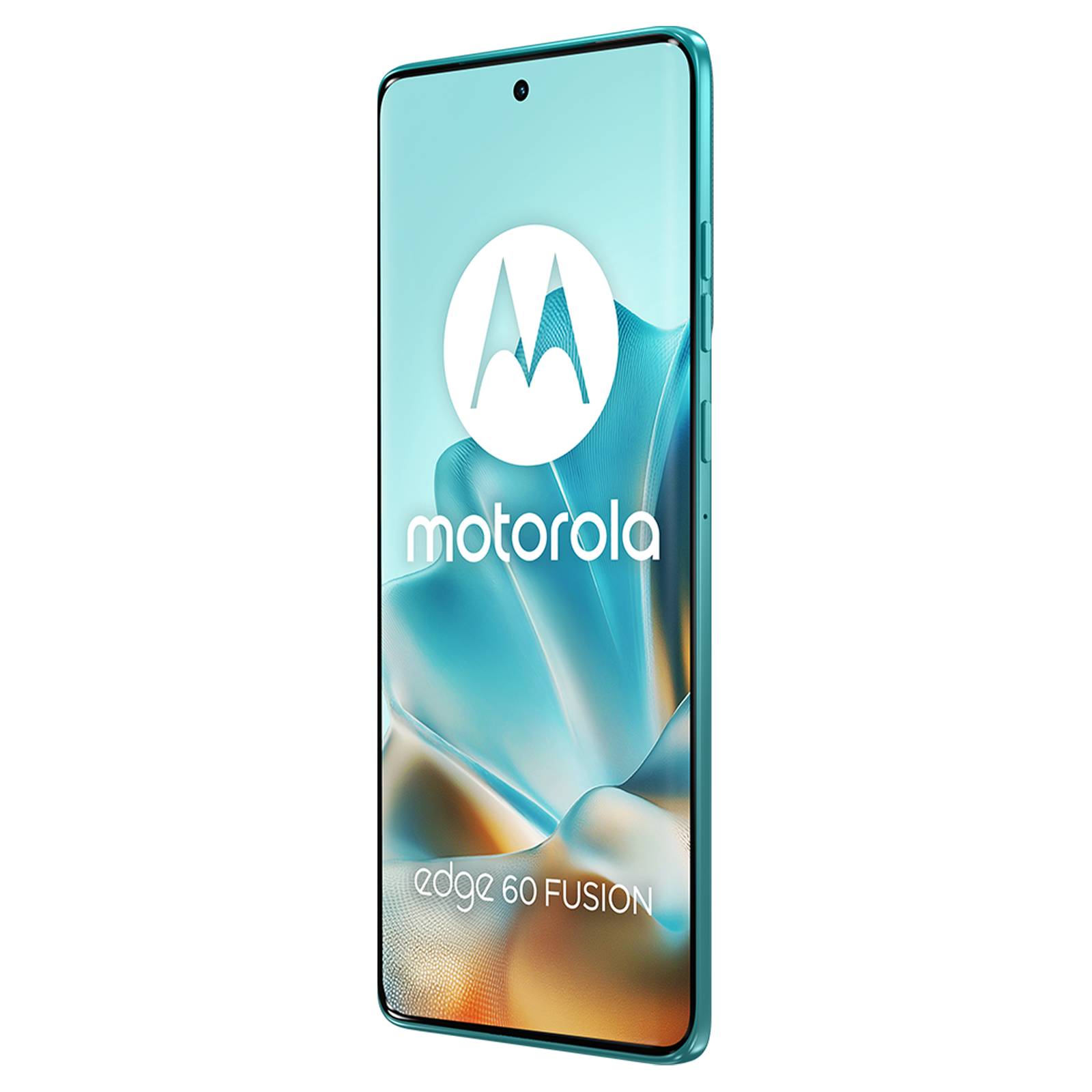 Motorola Edge 60 Fusion Smartphone, frontal dargestellt mit grünem Bildschirm, zentrales Motorola-Logo und Name sowie „edge 60 FUSION" Text in der unteren Hälfte.