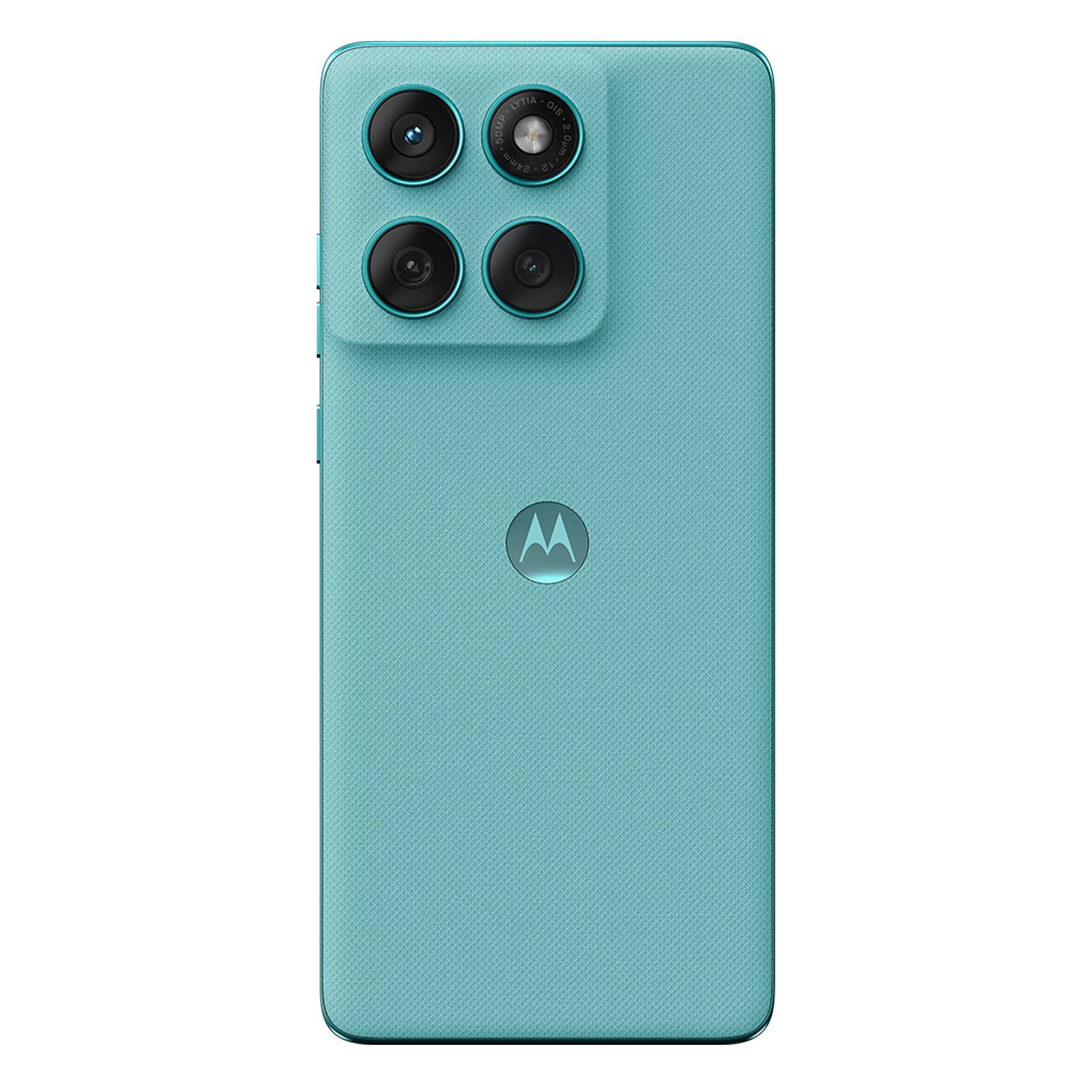 Mint-grünes Motorola-Smartphone von hinten gezeigt, mit quadratischem Quad-Kamera-Modul oben links und zentriertem Motorola-Logo.