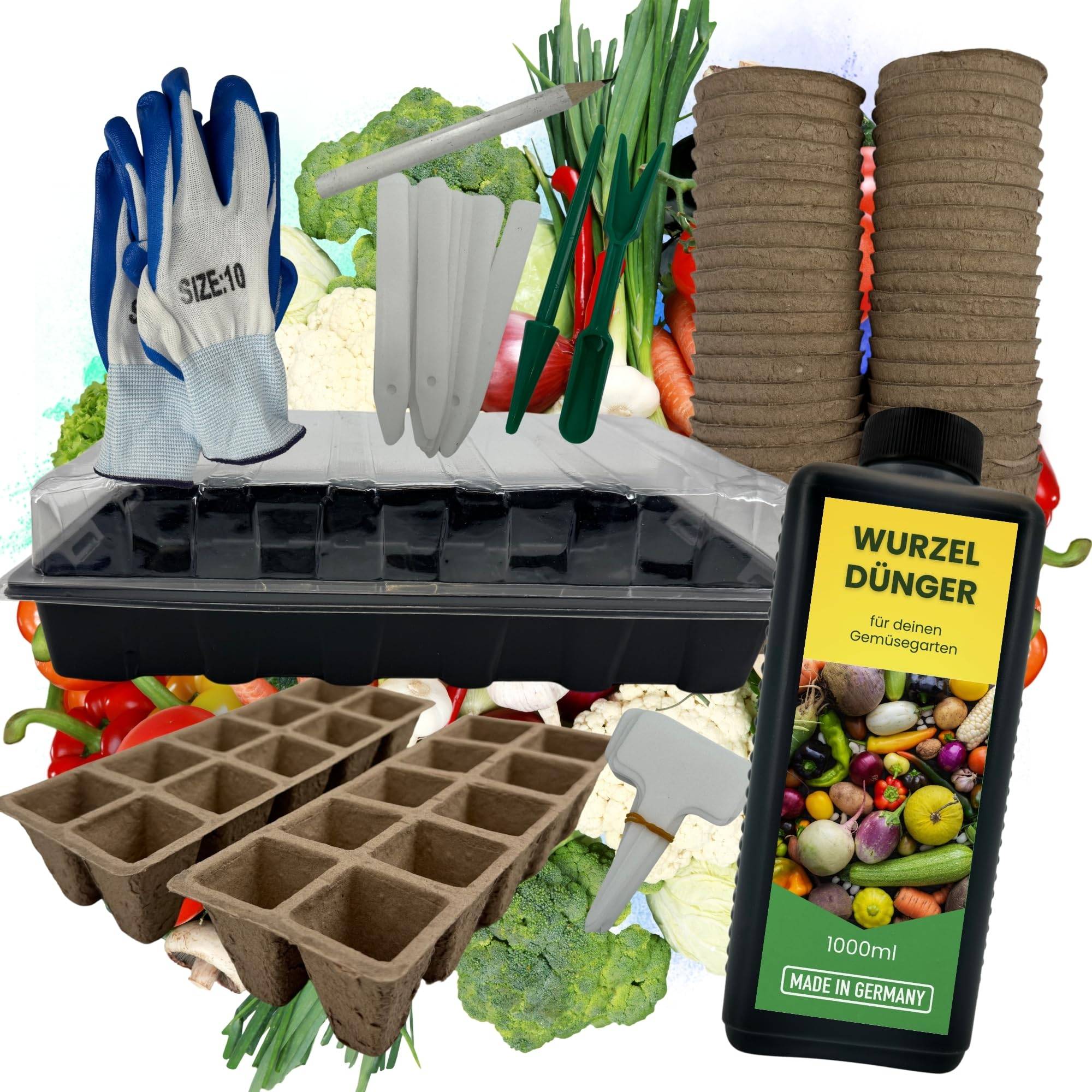 Wurzeldünger Gemüsedünger + Zimmergewächshaus Set Anzuchtkasten Anzucht Set Starter + Pflanztöpfe + Werkzeug + Handschuhe für Samen Steckling An