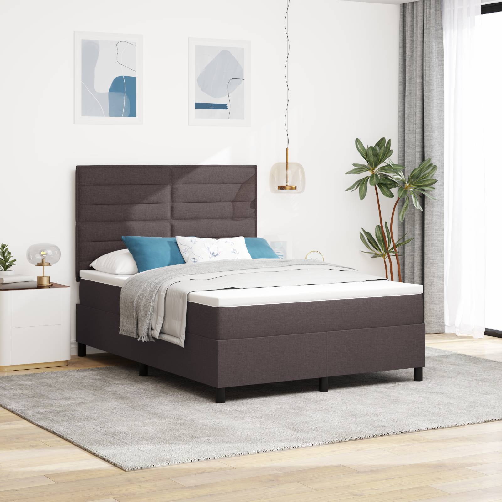 vidaXL Boxspringbett mit Matratze & LED - Dunkelbraun, 140 x 200 cm, Stoff