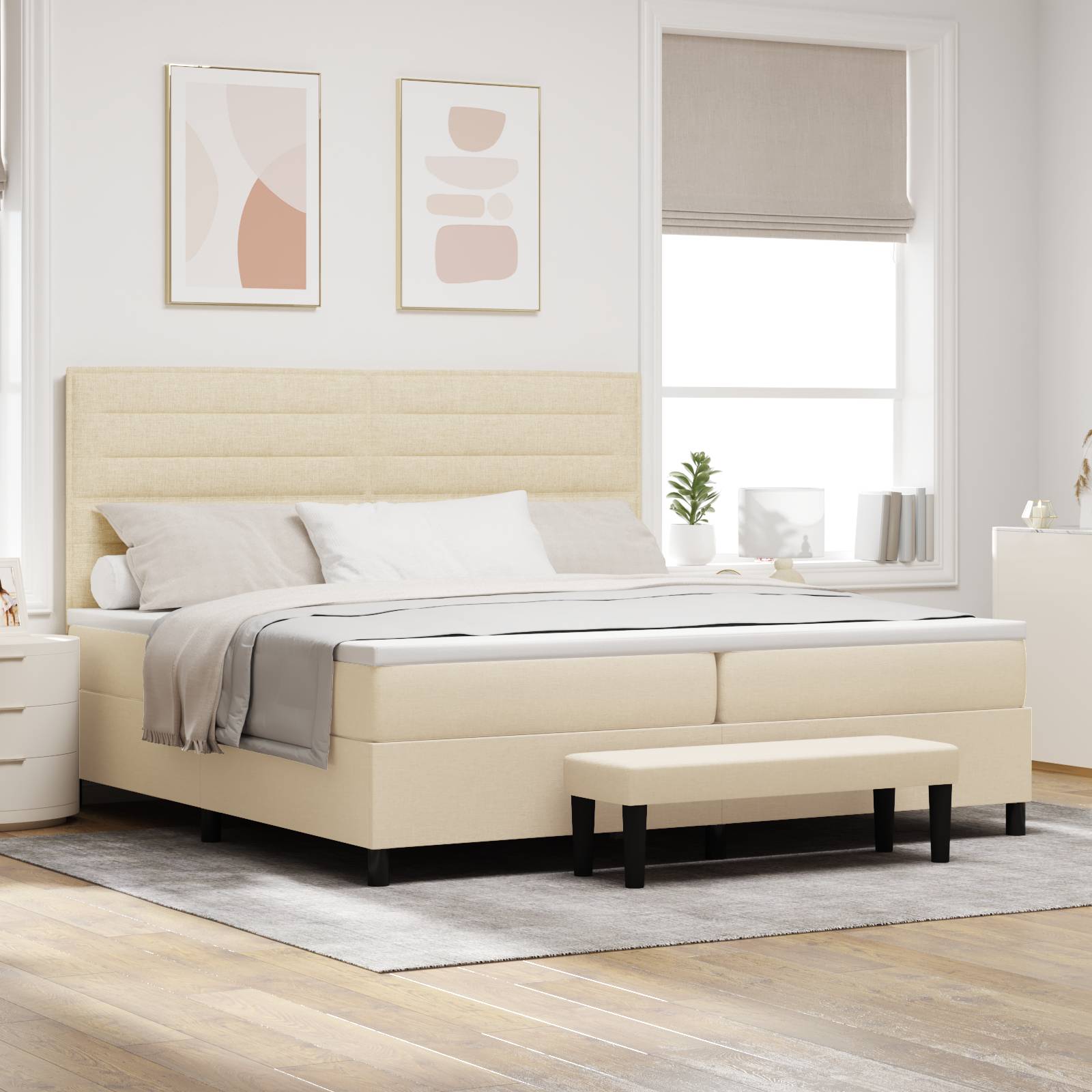 vidaXL Boxspringbett mit Matratze & Bank Creme 200x200 cm Stoff
