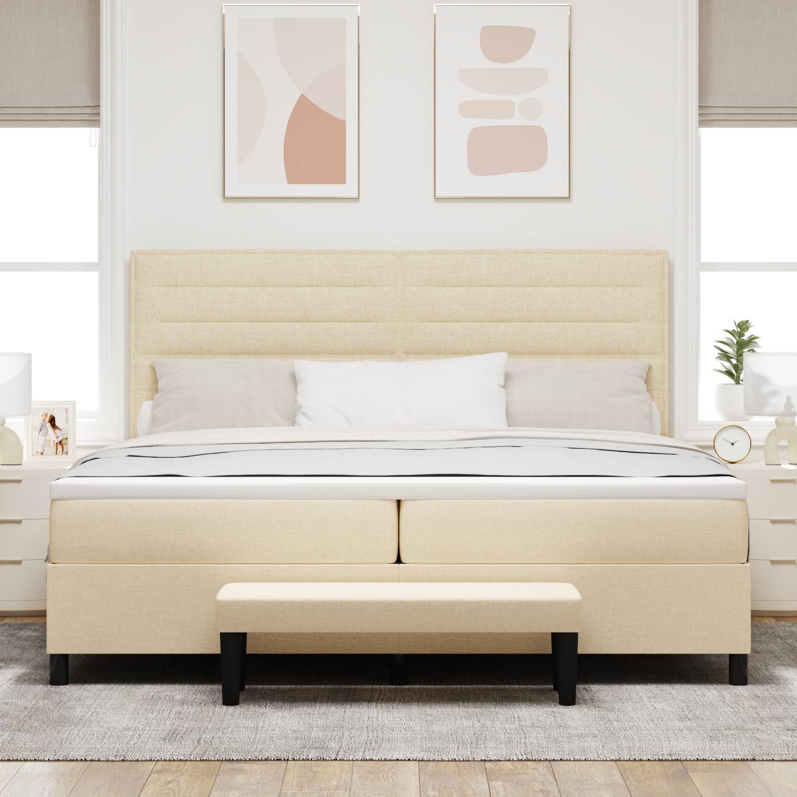 vidaXL Boxspringbett mit Matratze & Bank Creme 200x200 cm Stoff
