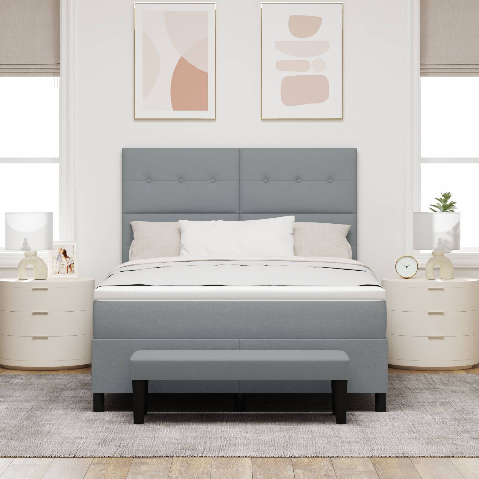 vidaXL Boxspringbett mit Matratze & Bank Hellgrau 140x190 cm Stoff