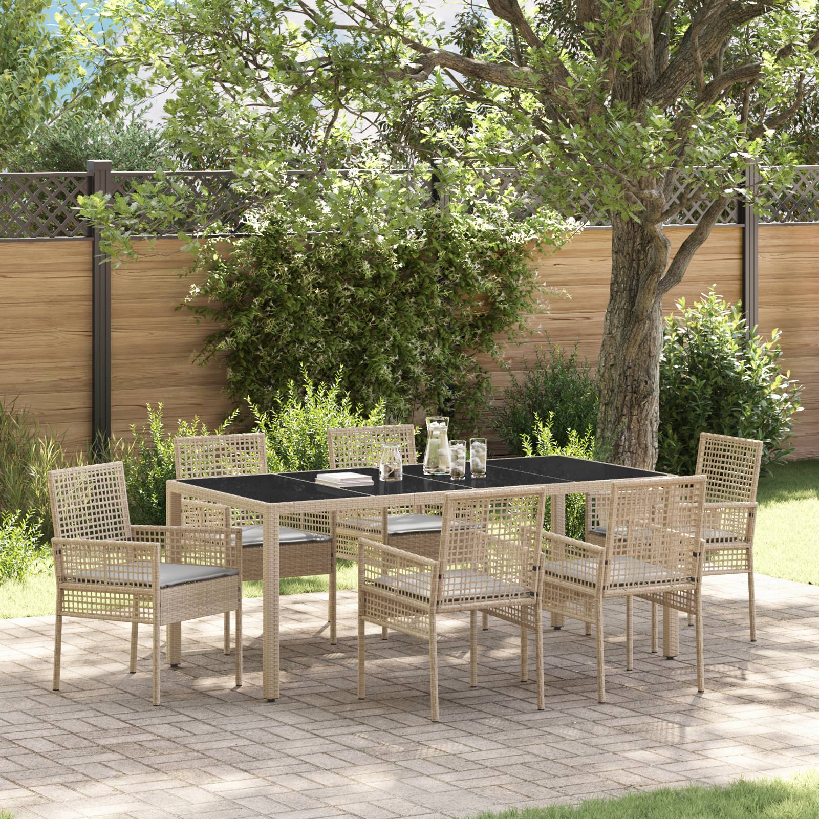 vidaXL 7-tlg. Garten-Essgruppe mit Kissen Beige Poly Rattan