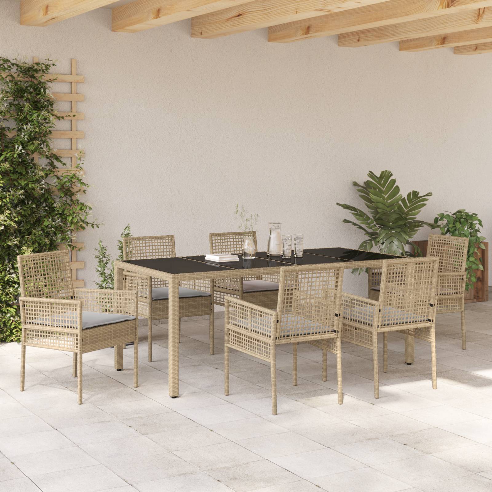 vidaXL 7-tlg. Garten-Essgruppe mit Kissen Beige Poly Rattan