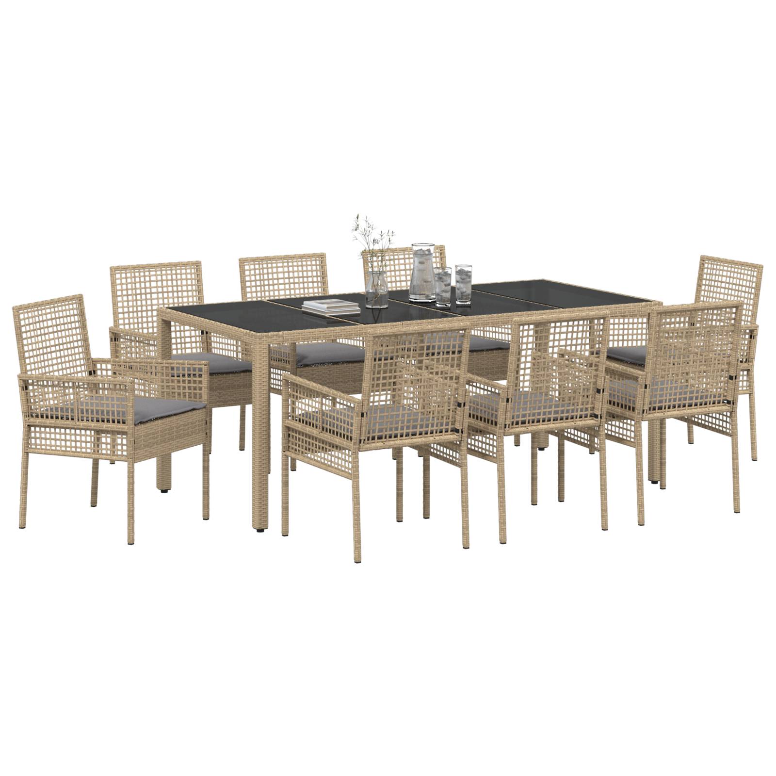 vidaXL 9-tlg. Garten-Essgruppe mit Kissen Beige Poly Rattan