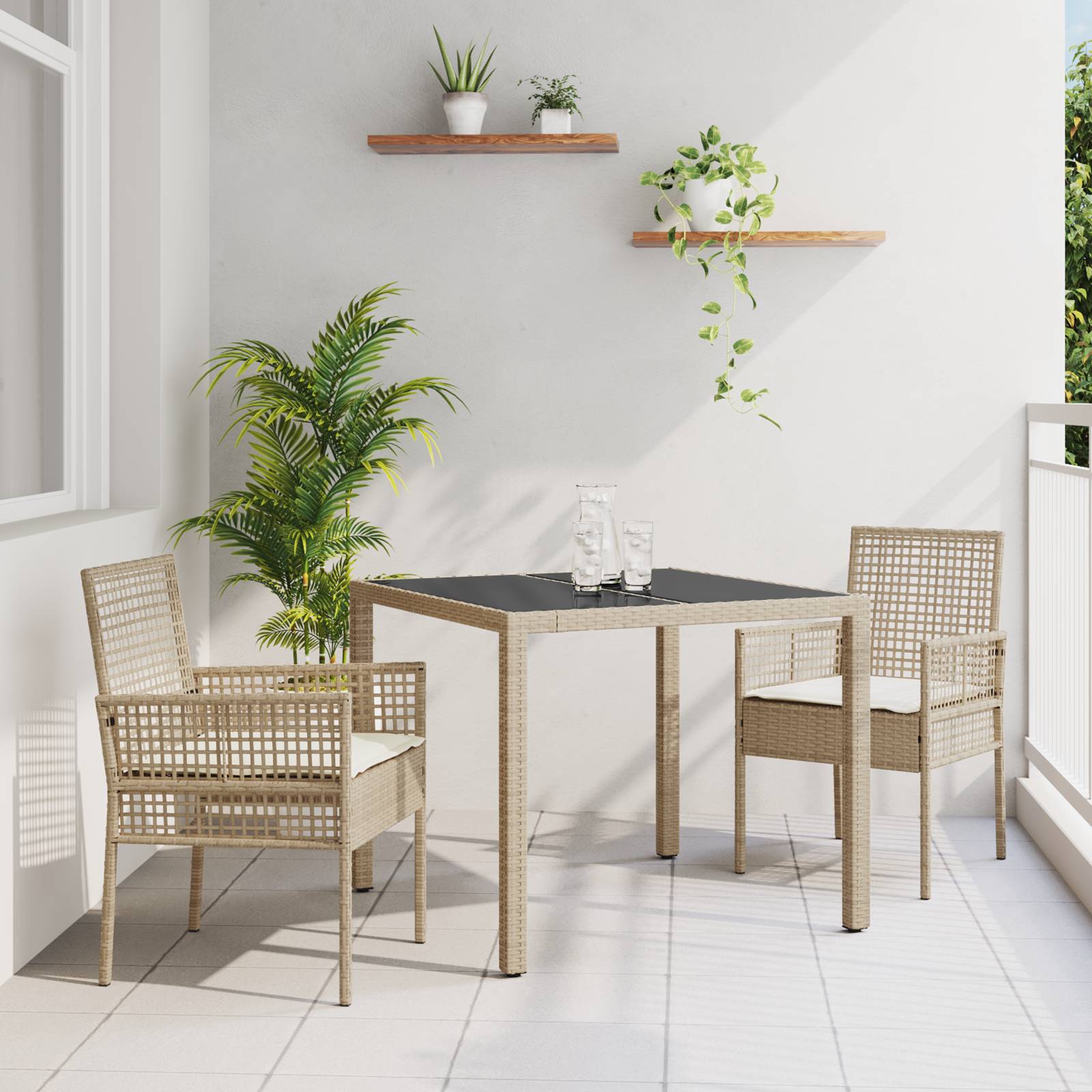 vidaXL 3-tlg. Garten-Essgruppe mit Kissen Beige Poly Rattan