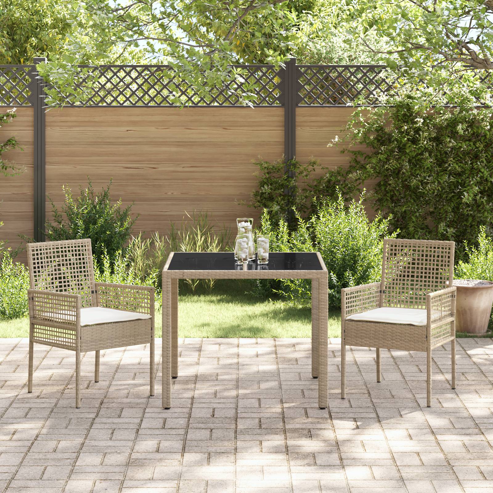 vidaXL 3-tlg. Garten-Essgruppe mit Kissen Beige Poly Rattan