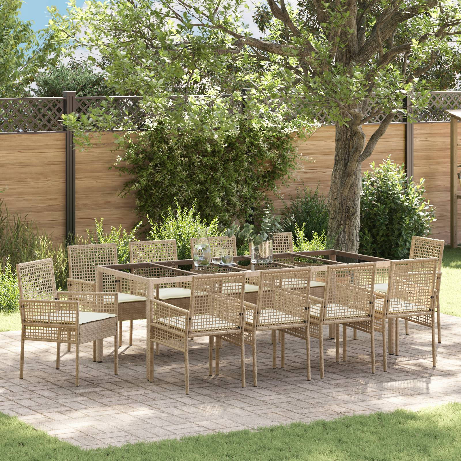 vidaXL 11-tlg. Garten-Essgruppe mit Kissen Beige Poly Rattan