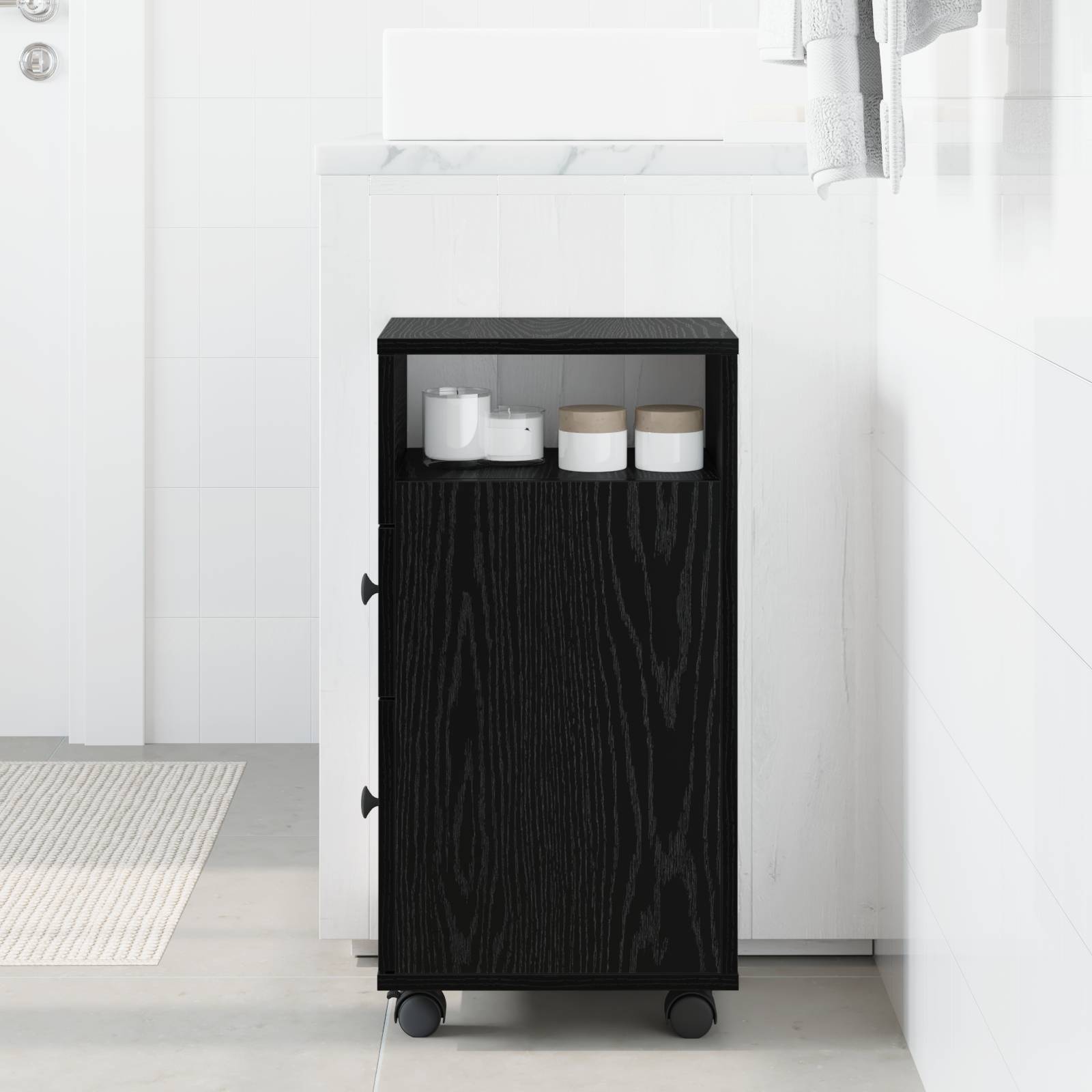 vidaXL Badschrank mit Rollen Schmal Schwarz Eiche Holzwerkstoff