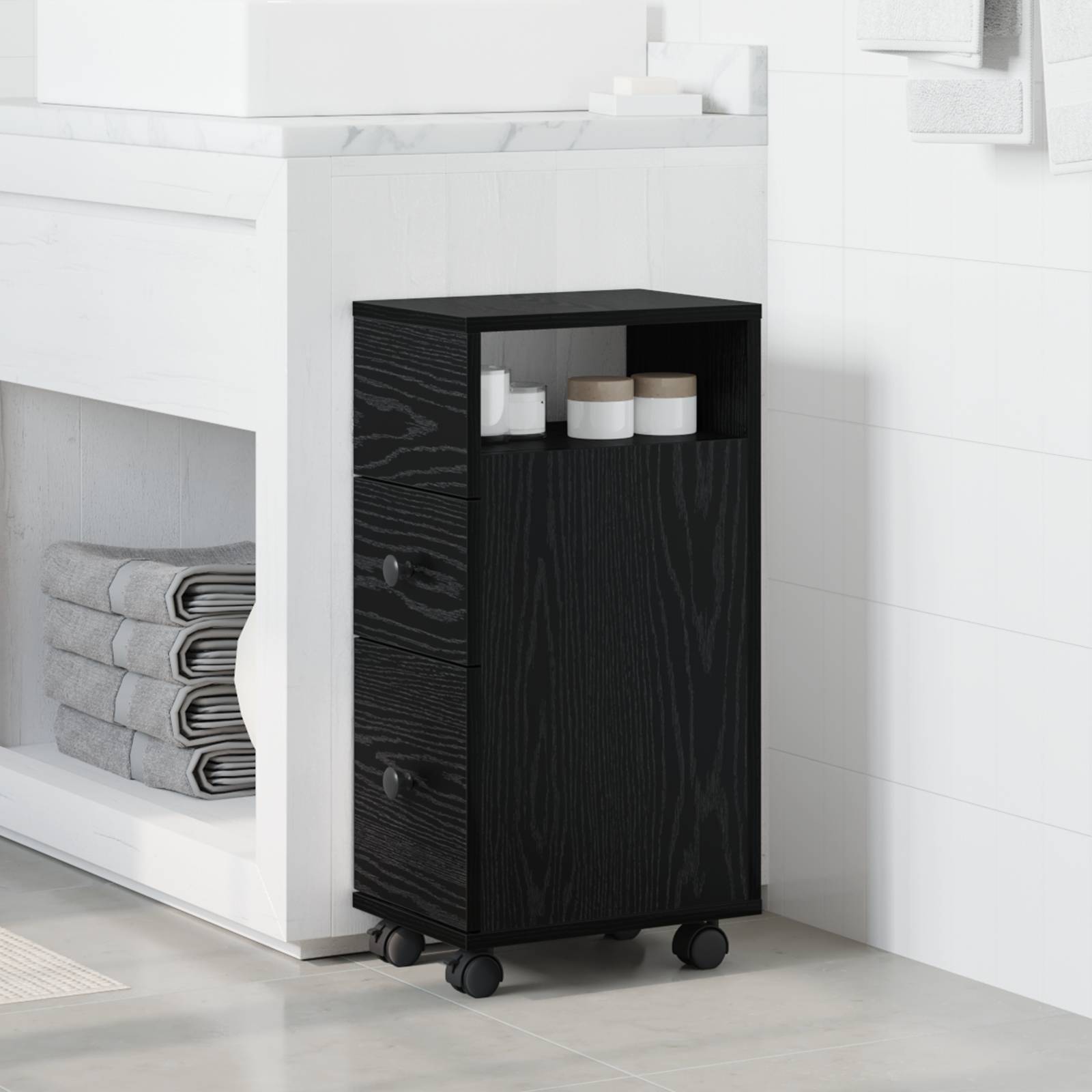 vidaXL Badschrank mit Rollen Schmal Schwarz Eiche Holzwerkstoff